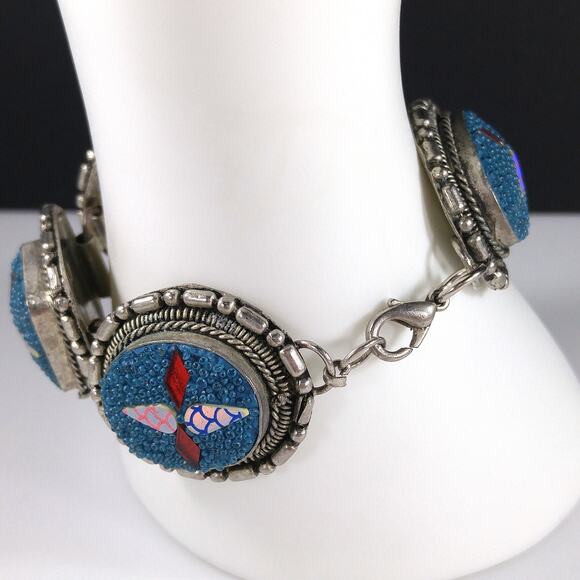 Art Crafted Five Linked Bracelet, Silver Tone, Iridescent Design, 1960s Vintage - Picture 5 of 10